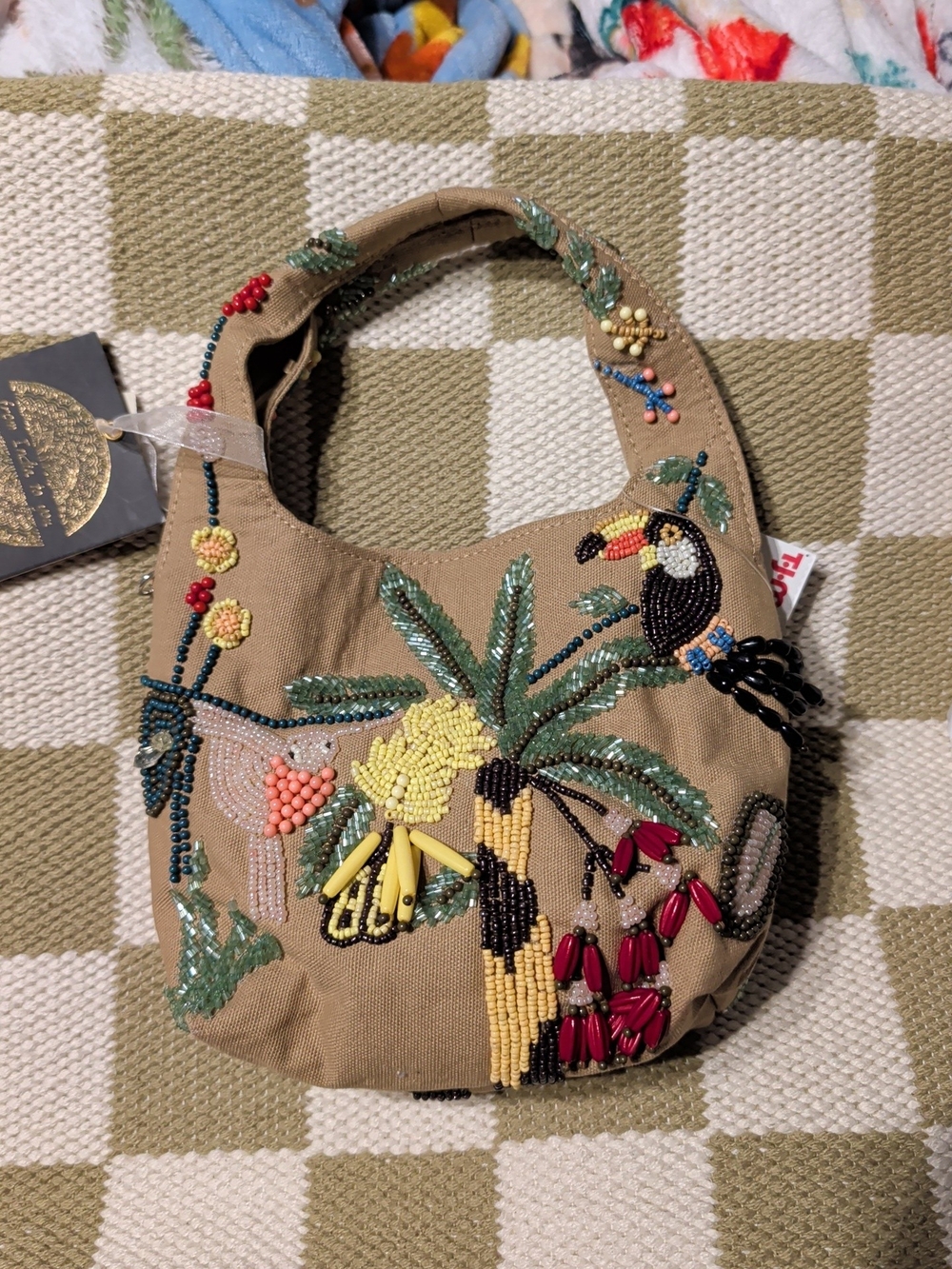 Beaded Tropical Mini Hobo Bag in Khaki Toucan Palm Tree Vacation Viral NWT